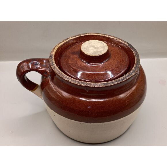 Antique Small Bean Pot Single Handle Stoneware Crock Brown Cream USA Crockery - Picture 5 of 15
